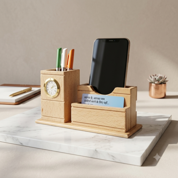 Wooden Pen Stand with Clock